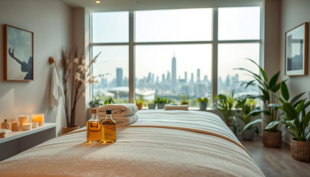 A serene, well-lit massage parlor interior, with soft lighting and clean, inviting surfaces. The foreground showcases neatly folded towels, bottles of massage oil, and a plush, inviting massage table. The middle ground features a large window overlooking a tranquil city skyline, conveying a sense of security and professionalism. The background is filled with lush greenery and calming artwork, creating an atmosphere of hygiene and trustworthiness. The overall scene exudes a calming, spa-like ambiance that reflects the reliability and high-quality service expected in a reputable massage establishment.