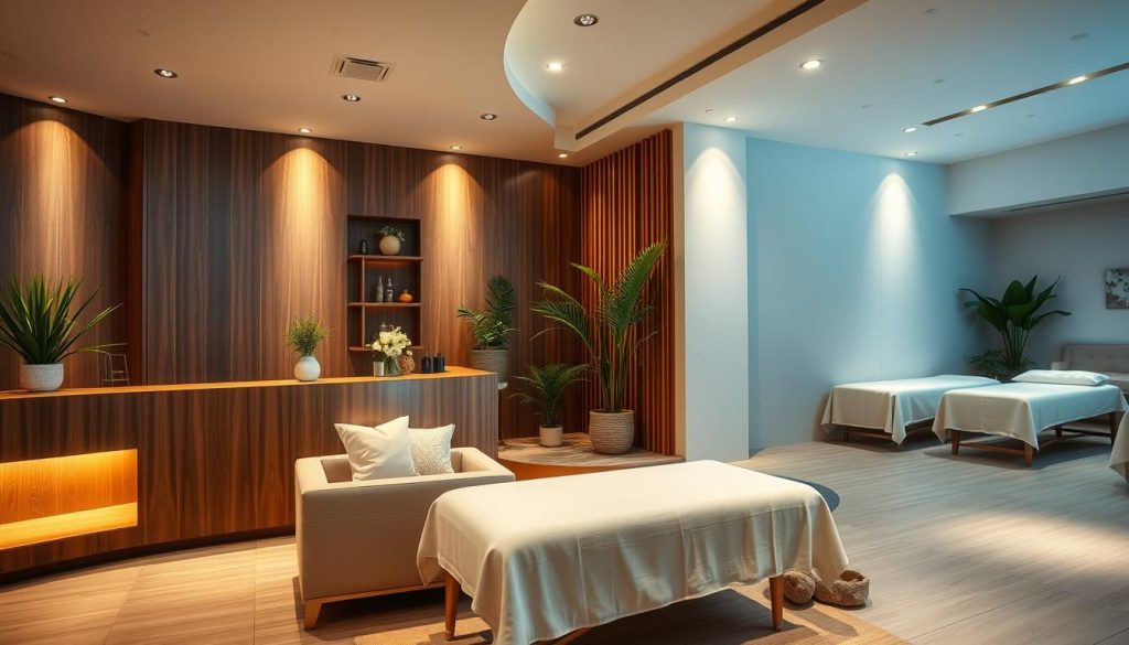 A serene, well-lit massage parlor with a calming, minimalist design. The reception area features elegant wood accents and plush, inviting seating. In the background, soft lighting emanates from recessed fixtures, creating a relaxing ambiance. Tasteful greenery and natural elements, such as potted plants and natural stone, accentuate the space. The massage rooms are spacious, with high-quality massage tables and soothing, neutral-toned decor. The overall atmosphere conveys a sense of professionalism, cleanliness, and attention to detail, reflecting a commitment to providing a hygienic and rejuvenating massage experience.
