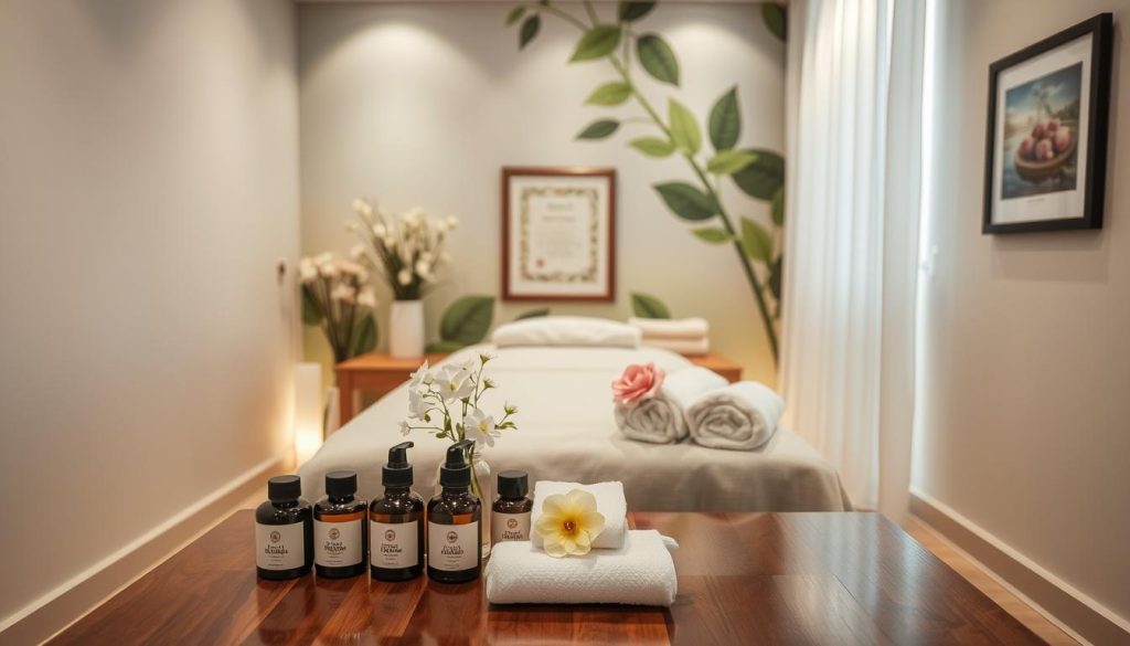 A serene, well-lit massage studio in Kadıköy, featuring a polished wooden table, fresh flowers, and calming neutral tones. In the foreground, a set of massage oils, towels, and other neatly arranged accessories, reflecting a focus on hygiene and professionalism. The middle ground showcases a framed diploma, symbolizing the therapist's educational credentials and expertise. The background depicts a calming, nature-inspired mural, evoking a sense of tranquility and relaxation. The overall scene conveys a high-quality, reputable massage experience tailored to the discerning Kadıköy clientele.