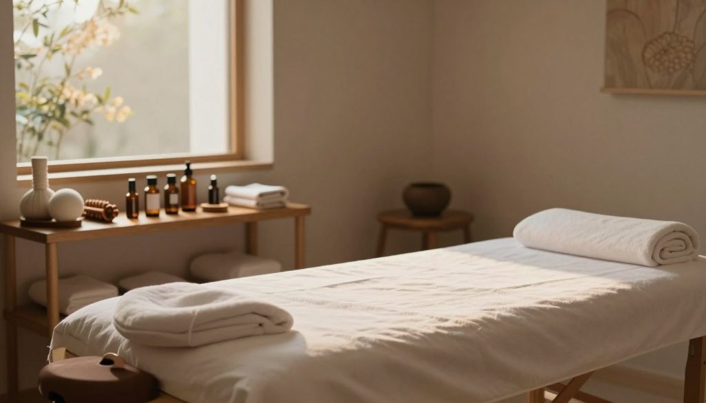 A serene wellness environment showcasing a massage therapy room. In the foreground, a comfortable massage table set with clean linens, soft, ambient lighting casts a warm glow, inviting tranquility. In the middle ground, a variety of massage tools and essential oils arranged systematically on a wooden shelf, emphasizing the importance of detail in addressing muscle tension. The background features soft, muted colors with a calming nature scene visible through a window, perhaps with delicate plants or gentle sunlight filtering through. The atmosphere is peaceful and reflective, evoking a sense of alleviated stress and relaxation, capturing the essence of managing muscle tension effectively.