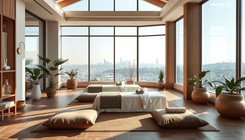 A serene wellness sanctuary in Istanbul, filled with the essence of relaxation. A tranquil space bathed in soft natural light, where massage tables and meditation cushions invite guests to unwind. Calming colors, natural textures, and the soothing scent of aromatherapy oils create an atmosphere of deep peace. Elegant wooden accents and potted plants add a touch of organic elegance, while the background showcases the city skyline, a reminder of the bustling life outside. This holistic wellness oasis offers a range of restorative services, from luxurious facials to rejuvenating body treatments, all designed to alleviate the stresses of the urban professional's daily routine.