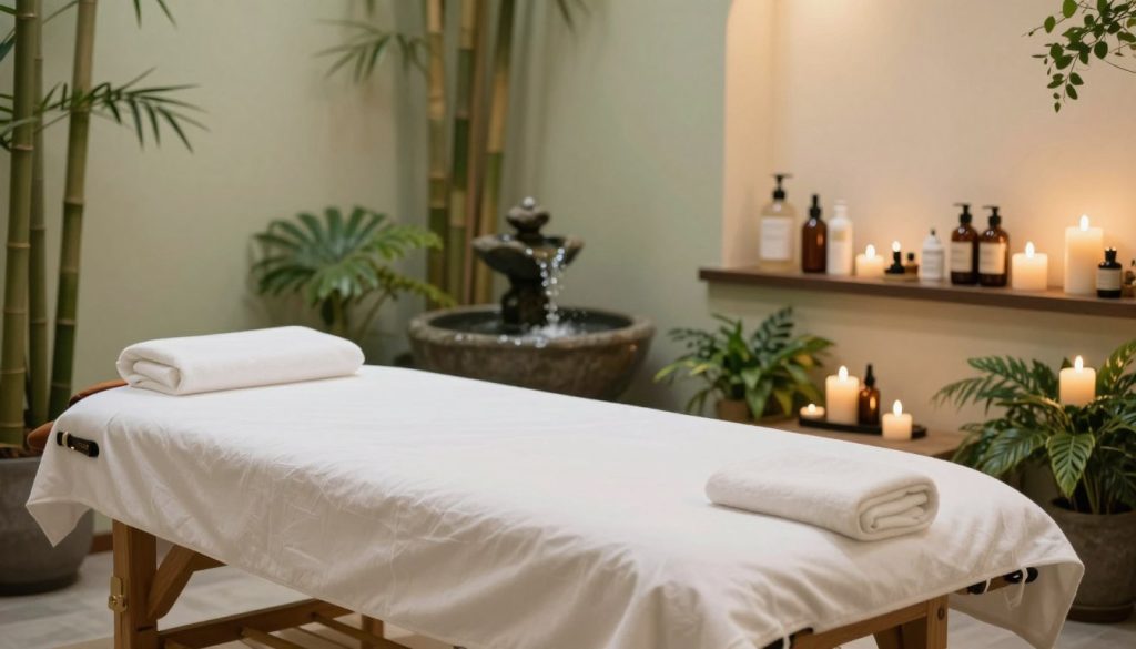 A serene wellness scene depicting a tranquil spa environment focusing on detox and special care treatments. In the foreground, display an elegant wooden massage table adorned with soft, white linens. Surround the table with aromatic candles, lush greenery, and essential oil bottles, enhancing the ambiance. In the middle, present a small fountain or water feature gently cascading, contributing to a calming atmosphere. The background can showcase a softly lit room with soothing colors, decorative elements like bamboo, and an array of natural spa products displayed on shelves. Use soft, warm lighting to evoke a peaceful mood, emphasizing relaxation and rejuvenation. The overall composition should exude a sense of tranquility and self-care, inviting viewers into a rejuvenating experience.