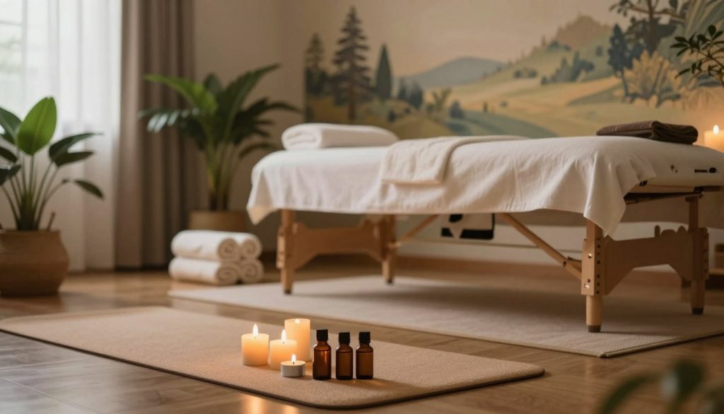 A serene wellness scene illustrating post-massage care and relaxation tips. In the foreground, a soft yoga mat with aromatic candles and essential oil bottles arranged neatly. The middle features a peaceful indoor setting with a plush massage table, fluffy towels stacked nearby, and a potted plant adding a touch of greenery. The background showcases a calming mural of nature, subtly lit by warm, soft lighting that creates a tranquil atmosphere. A gentle breeze suggests open windows, enhancing the feeling of relaxation. The composition captures the essence of self-care and rejuvenation, evoking a sense of peace and well-being. The image is devoid of any human figures or text elements, maintaining a focus on the ambiance of care and comfort.
