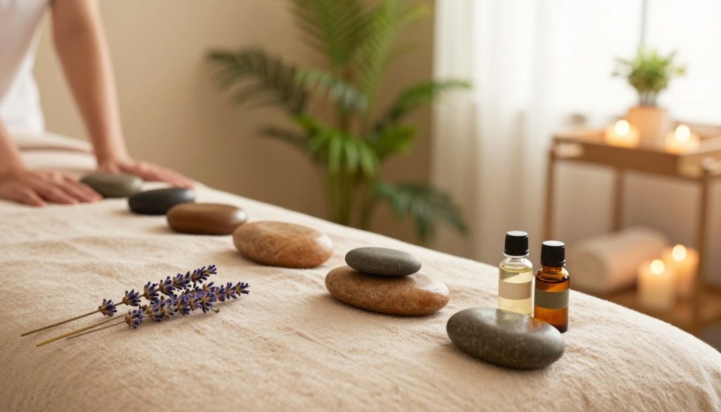 A serene wellness scene illustrating the effects of aromatherapy and hot stone massage. In the foreground, a beautifully arranged massage table adorned with soft, calming fabrics and various essential oil bottles, each labeled with their distinct aromatic properties such as lavender and eucalyptus. The middle ground features smooth, heated stones in warm earth tones, glistening softly in warm light, symbolizing relaxation and relief. Surrounding the table, lush green plants and candles emit a gentle glow, creating a tranquil ambiance. The background showcases a softly lit room with a peaceful color palette, evoking a sense of calm and rejuvenation. Use soft, diffused lighting to enhance the soothing atmosphere, emphasizing tranquility and wellness. A serene wellness scene illustrating the effects of aromatherapy and hot stone massage. In the foreground, a beautifully arranged massage table adorned with soft, calming fabrics and various essential oil bottles, each labeled with their distinct aromatic properties such as lavender and eucalyptus. The middle ground features smooth, heated stones in warm earth tones, glistening softly in warm light, symbolizing relaxation and relief. Surrounding the table, lush green plants and candles emit a gentle glow, creating a tranquil ambiance. The background showcases a softly lit room with a peaceful color palette, evoking a sense of calm and rejuvenation. Use soft, diffused lighting to enhance the soothing atmosphere, emphasizing tranquility and wellness.