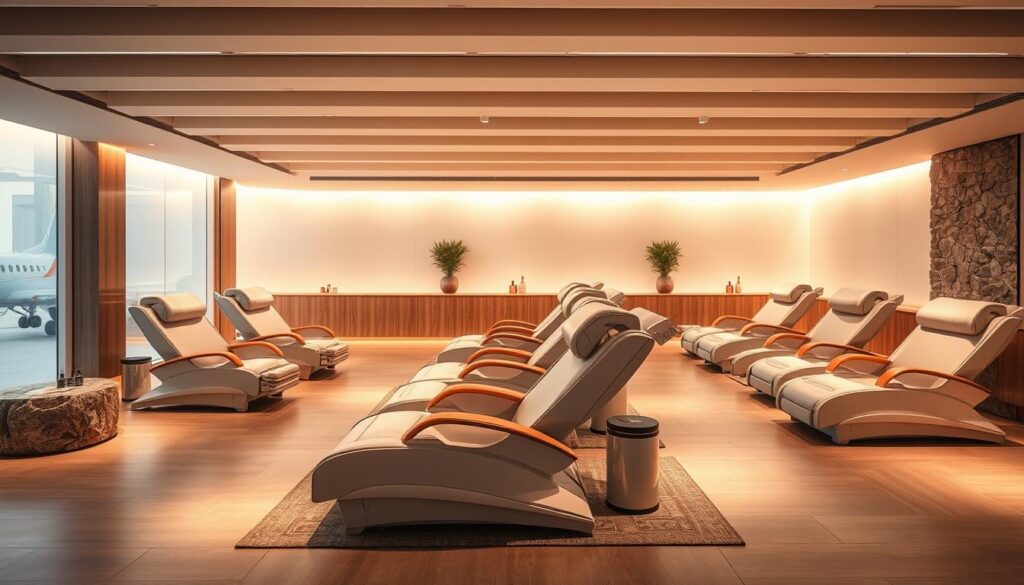 A sleek and modern airport massage parlor, bathed in warm lighting and clean, minimalist aesthetic. Plush massage chairs arranged in a serene, open-concept layout, inviting weary travelers to indulge in a moment of tranquility. The space is filled with the soothing scent of essential oils and the gentle hum of relaxing music. Soft, natural textures like wood and stone create a calming atmosphere, while strategic lighting highlights the high-quality massage equipment. The overall scene conveys an oasis of peace and rejuvenation within the bustling airport environment.