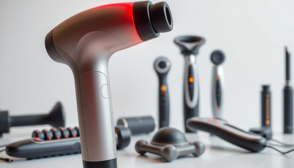 A sleek and modern array of electric massage devices, arranged in a harmonious composition. In the foreground, a high-tech massager with a contoured grip and pulsing vibration motors, casting a warm glow under dramatic lighting. In the middle ground, various massage rollers and wands with ergonomic designs, suggesting their soothing and therapeutic capabilities. The background features a clean, minimalist setting, highlighting the sophisticated aesthetic of these wellness tools. The overall scene exudes a sense of relaxation, wellness, and the transformative power of these cutting-edge massage appliances.