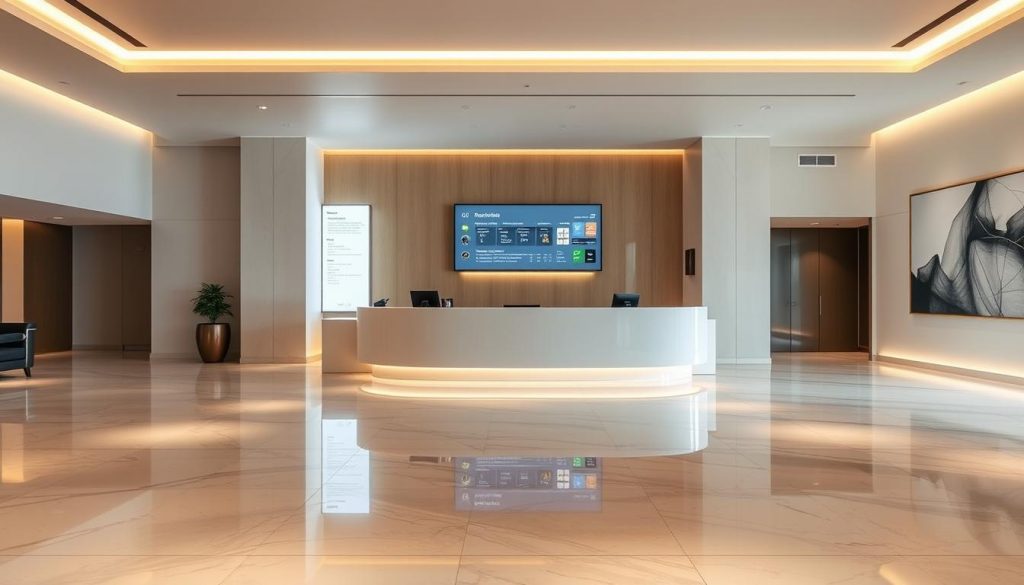 A sleek, modern hotel lobby with a minimalist aesthetic. The floor is made of polished marble, reflecting the warm, indirect lighting that illuminates the space. In the center, a large, curved reception desk stands tall, adorned with clean lines and a glossy finish. Behind the desk, a large digital display showcases reservation information, highlighting the efficiency and speed of the booking process. The walls are lined with subtle, abstract artwork, creating a sense of sophistication and tranquility. The overall atmosphere conveys a seamless, high-quality experience for guests seeking a professional, hassle-free reservation and payment process.