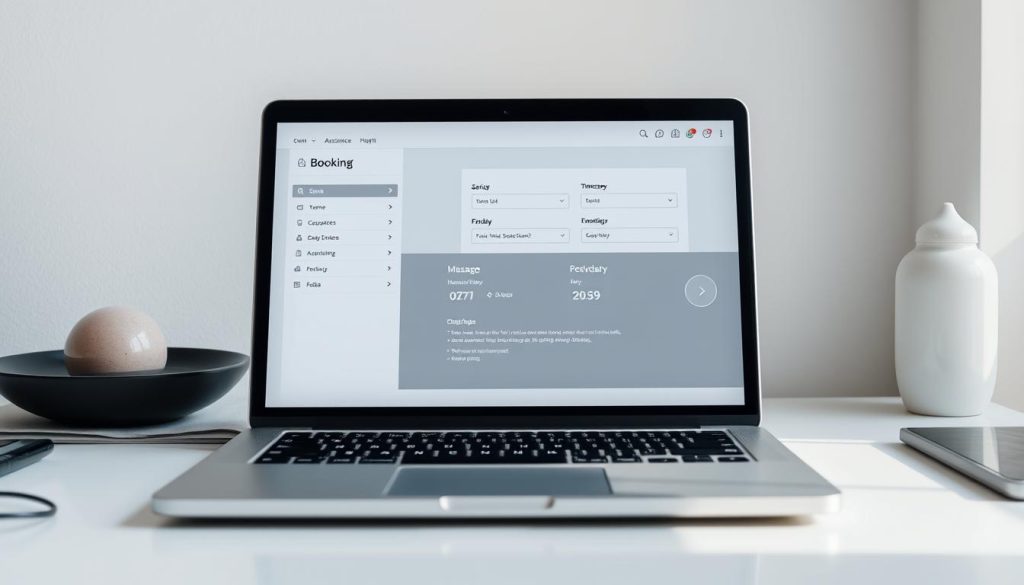 A sleek, modern-looking laptop screen displaying an online booking interface for a massage service. The screen shows a minimalist, user-friendly design with clean lines, muted colors, and intuitive controls. The layout features a calendar, timeslot options, and a smooth booking process. The scene conveys a sense of convenience, efficiency, and professionalism, reflecting the ease of making massage appointments remotely. The laptop is placed on a clutter-free desk, with a subtle background suggesting an upscale, relaxing spa-like environment.