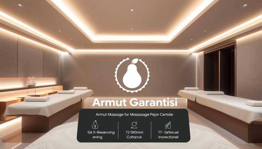 A sleek, modern massage parlor interior with plush, inviting massage tables and soothing ambient lighting. The space exudes a tranquil, relaxing atmosphere, with soft gray and beige tones throughout. In the foreground, a display showcases the "Armut Garantisi" (Pear Guarantee) service, featuring a stylized pear icon and text detailing the reservation and payment options. The background depicts a minimalist, clean design with subtle patterns or textures, conveying a sense of professionalism and attention to detail. The overall image communicates the high-quality, trustworthy massage experience promised by the establishment.