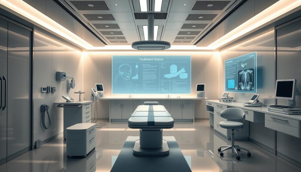 A sleek, modern medical office filled with state-of-the-art equipment. The centerpiece is a high-tech examination table, bathed in soft, directional lighting that casts dramatic shadows. Floating holographic displays show a detailed, personalized treatment plan, tailored to the unique needs of the patient. The room exudes a sense of calm professionalism, with clean lines and minimalist decor that create an atmosphere of personalized, attentive care. The overall impression is one of cutting-edge medical technology seamlessly integrated with a patient-centric approach to healthcare.