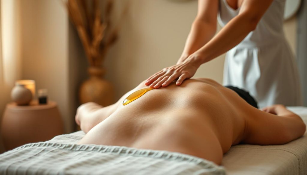 A soothing and restorative Swedish massage scene. A tranquil room with soft, diffused lighting and calming earth-tone decor. Plush massage table draped in crisp linens. Massage oil glistens on the therapist's hands as they glide across the client's back in long, flowing strokes. Gentle pressure and rhythmic kneading work to relieve muscle tension and promote deep relaxation. Subtle aromas of essential oils linger in the air, creating a sense of serenity. The client's face is obscured, allowing the focus to remain on the massage itself. An atmosphere of holistic wellness and rejuvenation.