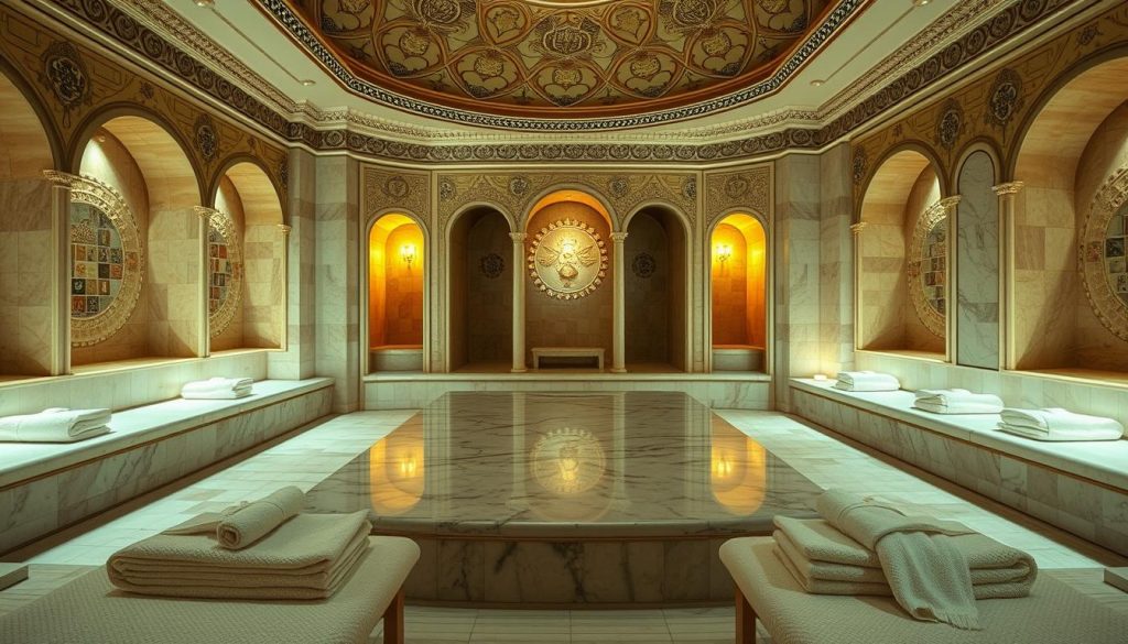 A spacious, elegant Turkish bath (hamam) with intricate tile work and ornate architectural details. Soft, warm lighting casts a soothing glow, creating an atmosphere of relaxation and tranquility. Plush, high-quality towels and robes are neatly folded, inviting guests to indulge in a luxurious, professional spa experience. The room features a large, centrally located marble slab for treatments, surrounded by private alcoves with benches for relaxation. The overall design seamlessly blends traditional Turkish elements with modern comforts, exuding an air of timeless sophistication.