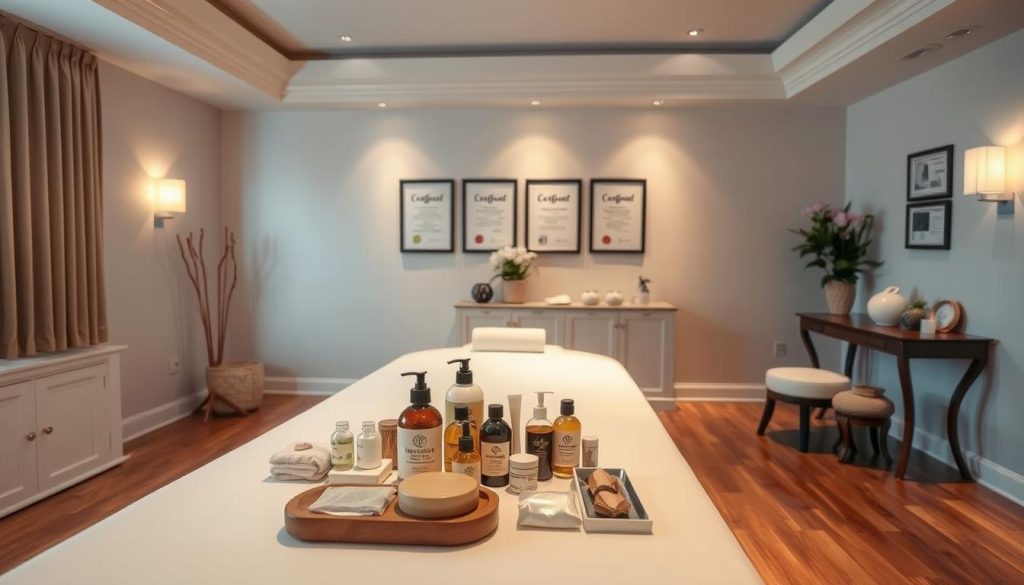 A spacious, well-lit massage studio with elegant, minimalist decor. Soft, diffused lighting casts a warm, soothing glow, highlighting the polished wood floors and neutral-toned walls. In the foreground, an assortment of massage oils, lotions, and tools are neatly arranged on a clean, professional-looking table, conveying a sense of expertise and care. In the background, framed certificates and diplomas hang on the walls, showcasing the masseuse's extensive training and qualifications. The overall atmosphere exudes a tranquil, serene ambiance, instilling a sense of trust and confidence in the viewer.