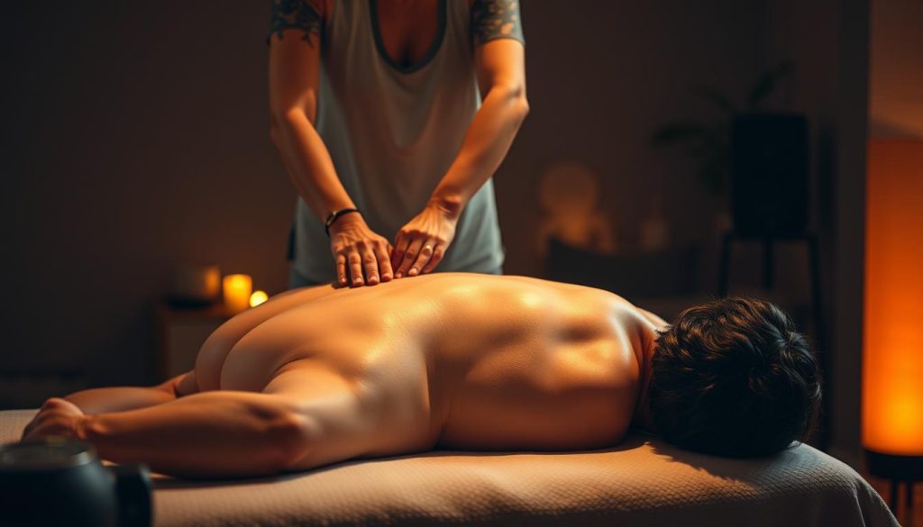 A sports massage therapy session in a serene, dimly lit studio. Skilled massage therapist's hands expertly manipulate tense, sore muscles with deep, targeted pressure. Relaxing essential oils permeate the air, creating a calming ambiance. The athlete's body is gently illuminated by warm, soft lighting, highlighting the definition of their muscular physique. In the background, subtle, soothing music plays, further enhancing the tranquil atmosphere. The massage table is positioned prominently, inviting the viewer to imagine themselves receiving this rejuvenating treatment. The overall scene conveys a sense of restorative care, empowering the athlete's performance and recovery. A sports massage therapy session in a serene, dimly lit studio. Skilled massage therapist's hands expertly manipulate tense, sore muscles with deep, targeted pressure. Relaxing essential oils permeate the air, creating a calming ambiance. The athlete's body is gently illuminated by warm, soft lighting, highlighting the definition of their muscular physique. In the background, subtle, soothing music plays, further enhancing the tranquil atmosphere. The massage table is positioned prominently, inviting the viewer to imagine themselves receiving this rejuvenating treatment. The overall scene conveys a sense of restorative care, empowering the athlete's performance and recovery.