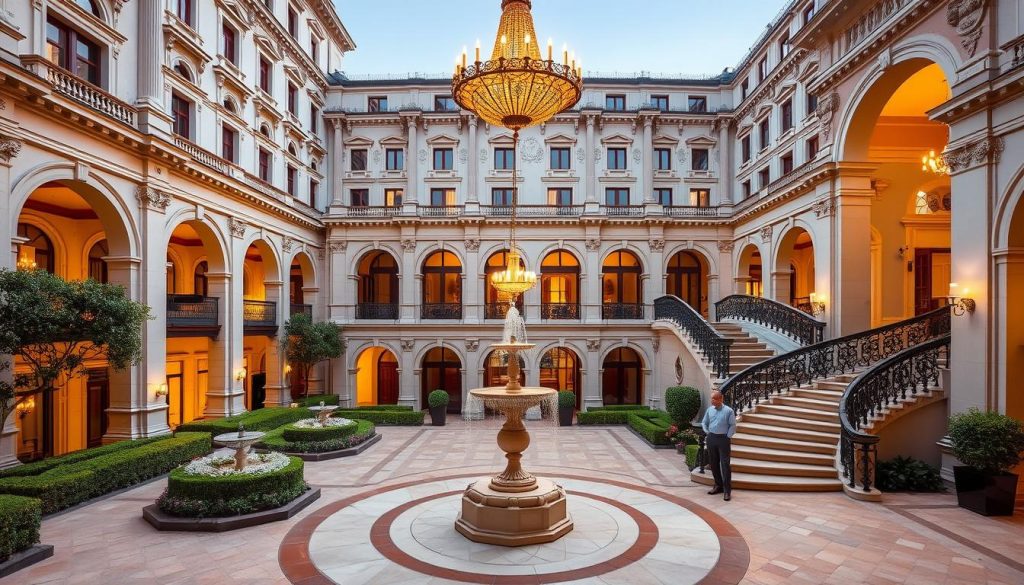 A stately neo-baroque facade adorns the Rixos Pera Istanbul, its ornate columns and arched windows exuding a timeless elegance. The hotel's meticulously manicured courtyard, with its manicured hedges and ornamental fountains, sets the stage for a serene oasis amidst the bustling Beyoğlu district. Sumptuous interiors, bathed in warm golden light from ornate chandeliers, evoke a sense of refined luxury, while the elegant curved staircase leads guests to beautifully appointed rooms. An atmosphere of tranquil sophistication permeates the scene, capturing the essence of classic Istanbul splendor.