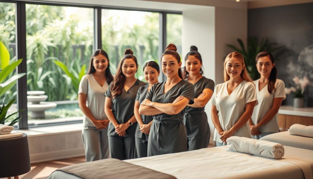 A team of professional massage therapists stands in a serene, spa-like setting, their expressions focused and their hands ready to provide rejuvenating treatments. The lighting is soft and warm, creating a calming atmosphere. The therapists wear clean, crisp uniforms, and the treatment area is outfitted with modern, high-quality massage tables and equipment. In the background, lush greenery and a soothing water feature add to the tranquil ambiance, inviting the viewer to imagine the relaxation and restoration that await.