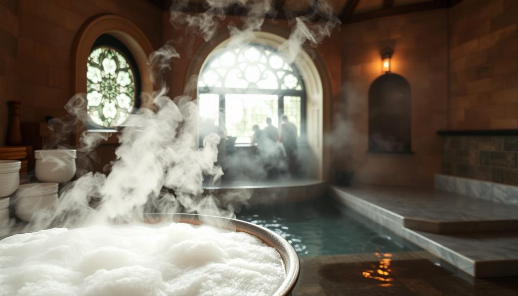 A traditional Turkish bath scene with a steaming wet stone interior, sunlight filtering through ornate windows. In the foreground, a large copper basin filled with sudsy white kese köpük (exfoliating scrub foam). Plumes of aromatic steam rise from the basin, creating a misty, ethereal atmosphere. The middle ground features a curved, tiled arch leading to a warm, humid wet area with glistening, wet surfaces. In the background, a tiled alcove with a marble slab for reclining and relaxation. Soft, warm lighting from overhead fixtures casts a soothing glow throughout the scene, evoking a sense of timeless, luxurious relaxation.