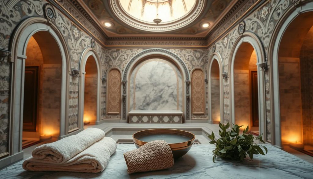 A traditional Turkish hammam interior, with ornate arched doorways, tiled walls, and a central domed ceiling. Warm, muted lighting creates a serene, relaxing atmosphere. In the foreground, a marble slab with a large copper basin, filled with steaming water and aromatic oils. Plush towels, a traditional kese mitt, and a bundle of fragrant eucalyptus leaves are neatly arranged. The middle ground features a recessed alcove with a built-in marble bench, perfect for a rejuvenating massage and body scrub. The background showcases the grand architecture, with intricate tilework and ornate decorative elements, conveying the authentic, centuries-old ambiance of a genuine Turkish bath experience.