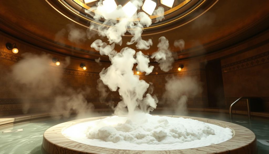 A traditional Turkish steam bath scene, with billowing white kese köpük (exfoliating foam) rising from a marble basin. Warm, golden lighting filters through the domed ceiling, casting a serene, historic ambiance. Ornate tiles line the walls, hinting at the timeless elegance of the Ümraniye hamam culture. The steam gently swirls, creating a dreamlike, therapeutic atmosphere, inviting the viewer to experience the time-honored rituals of this ancient bathing tradition.