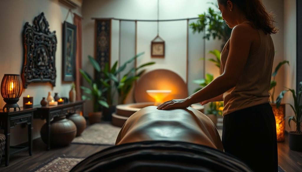 A tranquil Thai massage therapy studio, softly lit with warm, ambient lighting. In the foreground, a therapist's hands gently kneading and soothing a client's back, using long, flowing strokes. The middle ground features a blend of traditional Thai decor, including intricate wood carvings, hanging tapestries, and a serene water feature. The background evokes a sense of natural serenity, with lush, verdant foliage and a calming, muted color palette. The overall atmosphere is one of deep relaxation, healing, and personal rejuvenation.