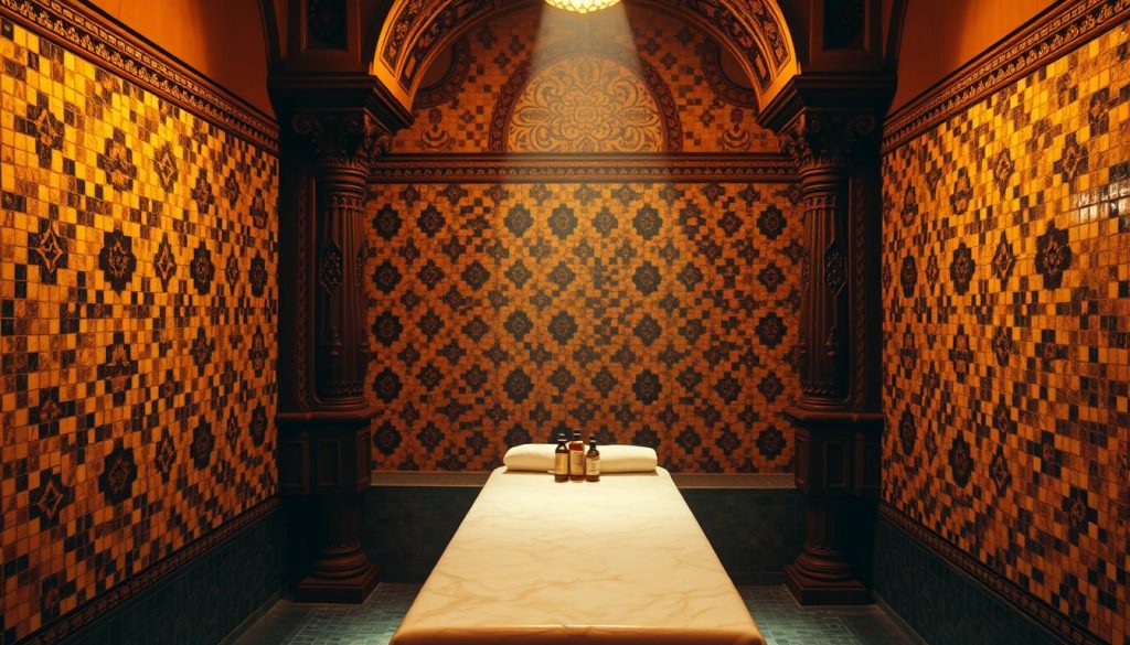 A tranquil Turkish bathhouse interior, dimly lit with warm amber tones. Intricate mosaic tiles adorn the walls, creating a sense of ancient history. Ornate, carved wooden columns support the arched ceiling, casting soft shadows. In the middle, a traditional marble massage table stands, its surface polished to a shine. Nearby, a collection of traditional massage oils and tools are neatly arranged, evoking the centuries-old origins of this holistic practice. The atmosphere is one of relaxation, wellness, and the enduring legacy of Kadıköy's storied massage culture.