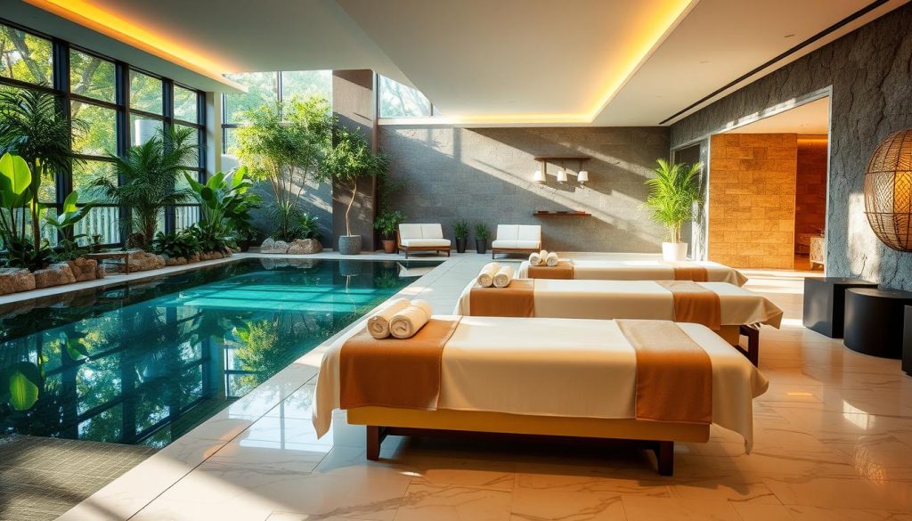 A tranquil Turkish spa in Istanbul, featuring a serene indoor pool surrounded by lush greenery and natural stone walls. Soft lighting filters through large windows, casting a warm, soothing glow on the relaxing atmosphere. Plush massage tables await, ready to melt away the stresses of the workday. Elegant marble tiles line the floors, leading to private treatment rooms where skilled masseuses offer rejuvenating techniques. The scent of aromatic oils and the gentle sound of flowing water create a sensory haven, inviting visitors to unwind and recharge their productivity.