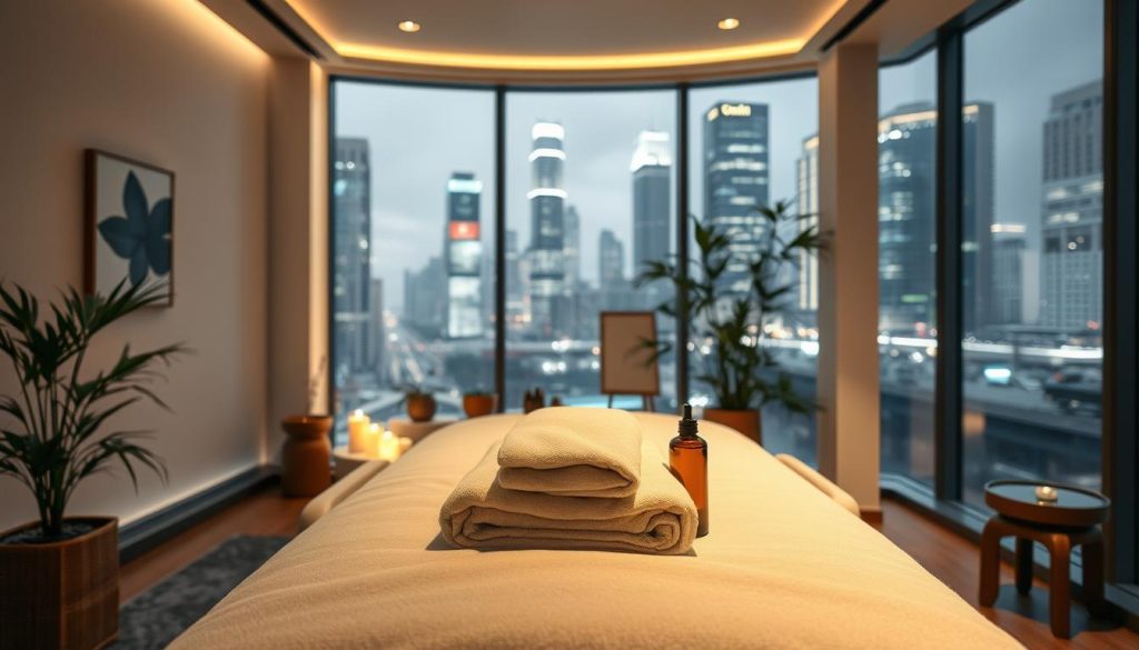 A tranquil and inviting massage room set in a modern urban environment, showcasing soft, ambient lighting that creates a serene atmosphere. In the foreground, a luxurious massage table adorned with plush towels and soothing essential oils, accentuated by soft, natural textures like bamboo and linen. The middle ground features delicate potted plants and calming art pieces that reflect nature, enhancing the sense of relaxation. A subtle water feature can be seen, providing a gentle sound of flowing water. The background reveals large windows with views of a bustling cityscape outside, but the interior remains peaceful and rejuvenating, symbolizing an escape from urban stress. The overall mood is calm and restorative, encouraging a sense of balance between city life and personal well-being.