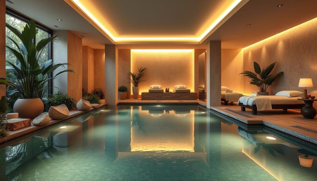 A tranquil and luxurious spa nestled in the heart of Fatih, featuring a serene indoor pool with natural stone accents, surrounded by lush foliage and warm ambient lighting. Plush treatment rooms offer a range of relaxing massage services, with soothing scents and soft fabrics creating a cocooning atmosphere. Clients can indulge in a rejuvenating experience, unwinding from the stresses and fatigue of daily life. The spa's elegant design and attention to detail evoke a sense of urban oasis, providing a sanctuary of calm and restoration.