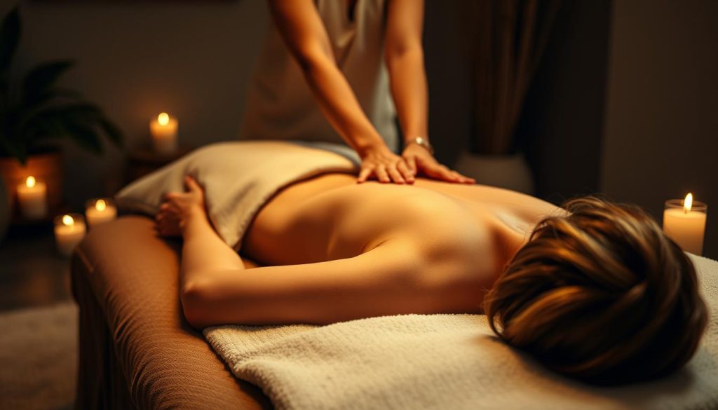 A tranquil and serene massage therapy session in a dimly lit room, with soft lighting illuminating the scene. The masseuse's hands gently kneading and manipulating the client's muscles, promoting deep relaxation. Plush, earthy-toned linens and pillows create a cozy, inviting ambiance. Aromatherapy candles flicker, diffusing calming scents throughout the space. The client's face is not visible, but their body language conveys a sense of profound peace and rejuvenation. The camera angle captures the massage from a slightly elevated perspective, emphasizing the therapeutic nature of the experience.