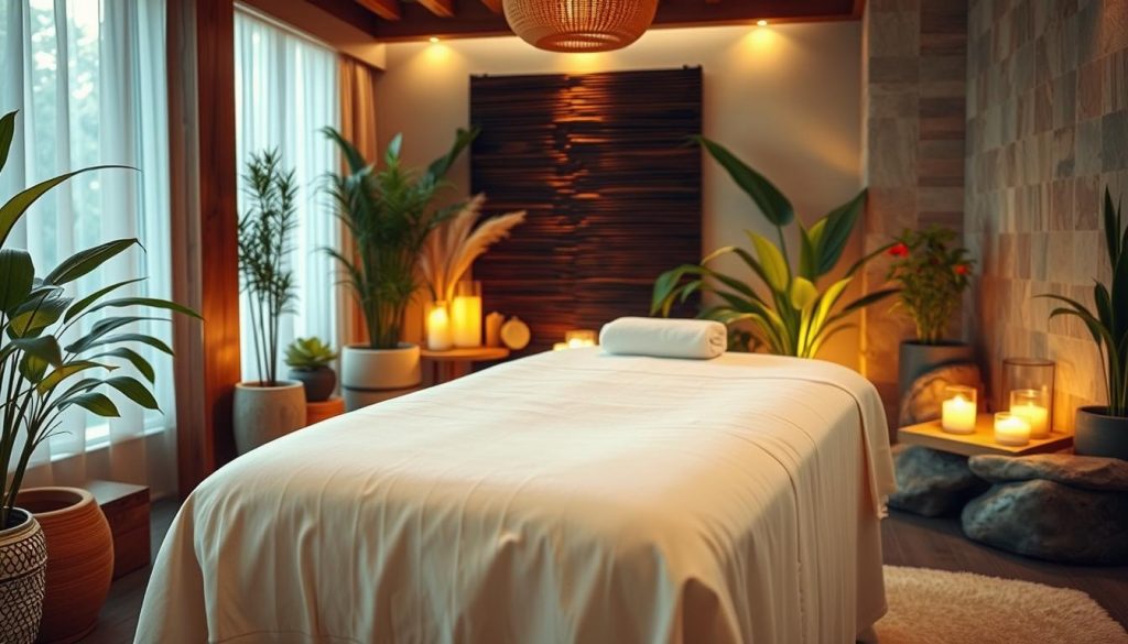 A tranquil and serene spa-like setting, featuring a plush massage table draped in soft, white linens. Warm, ambient lighting casts a gentle glow, creating a cozy and inviting atmosphere. Lush, verdant plants and soft, natural textures, such as wood and stone, adorn the space, evoking a sense of relaxation and rejuvenation. The camera captures the scene from a slightly elevated angle, showcasing the attention to detail and the overall harmonious composition. This personalized massage experience exudes a calming and restorative energy, perfectly capturing the essence of the "Florya Masöz ile Kişiye Özel Rahatlama Deneyimi" section.