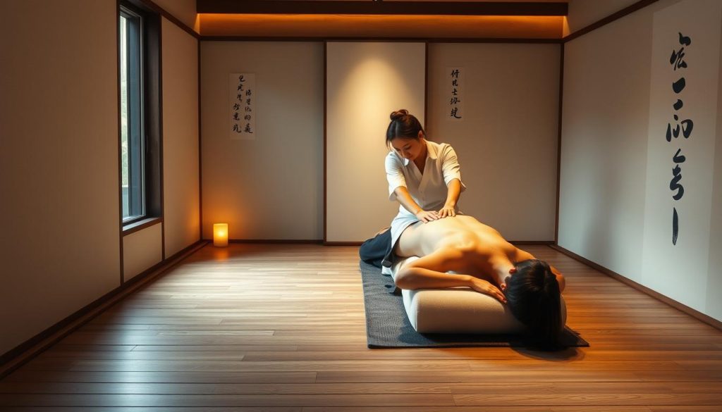 A tranquil and serene traditional Japanese massage clinic, with a wooden floor and minimalist decor. In the center, a masseuse gently applies pressure to specific points on a client's back, harnessing the principles of shiatsu to harmonize the body's energy flow. Soft, diffused lighting casts a warm, calming glow, while the background features subtle, abstract ink brush strokes reminiscent of ancient Eastern art. The atmosphere is one of deep relaxation and holistic wellness, inviting the viewer to experience the restorative power of this centuries-old healing practice.