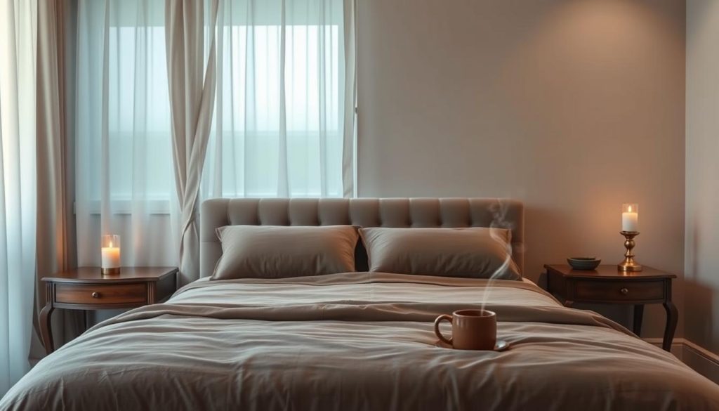 A tranquil bedroom at dusk, with soft, warm lighting filtering through gauzy curtains. A plush, inviting bed takes center stage, its linens in muted, earthy tones. Elegant nightstands flank the bed, each bearing a single, glowing candle. The walls are painted in a soothing, muted palette, creating a sense of peaceful calm. Wispy wisps of steam rise from a ceramic mug on one of the nightstands, suggesting a comforting hot beverage. The overall atmosphere is one of serenity and relaxation, inviting the viewer to sink into the comfort of the scene and experience the restorative power of sleep.