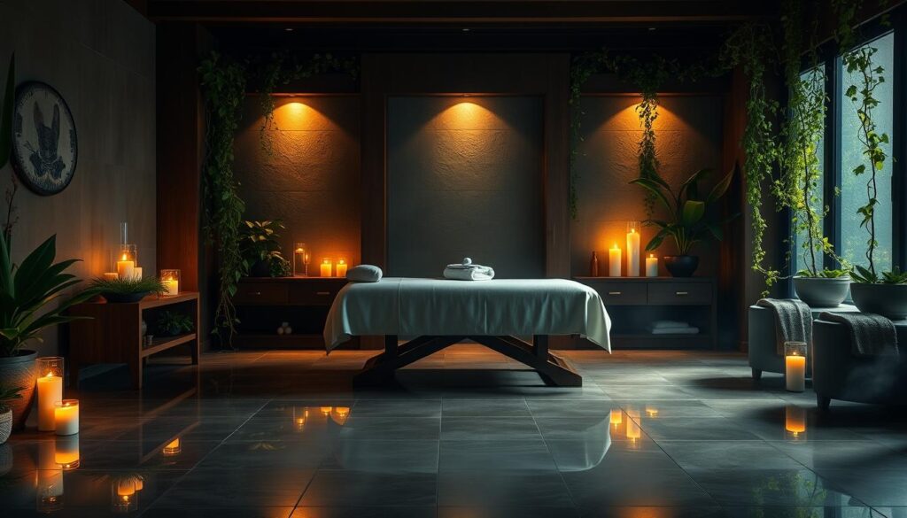 A tranquil, dimly-lit spa sanctuary with an inviting, plush massage table at the center. Soft, warm lighting casts a serene glow, accentuating the smooth, polished surfaces of the wooden furniture and stone accents. Lush greenery, including potted plants and trailing vines, frame the scene, creating a natural, rejuvenating ambiance. Delicate, fragrant candles flicker, their gentle flames reflecting on the glossy, reflective floor tiles. Mist gently rises, adding a misty, calming atmosphere, while soothing spa music plays in the background, creating a deeply relaxing, immersive experience.