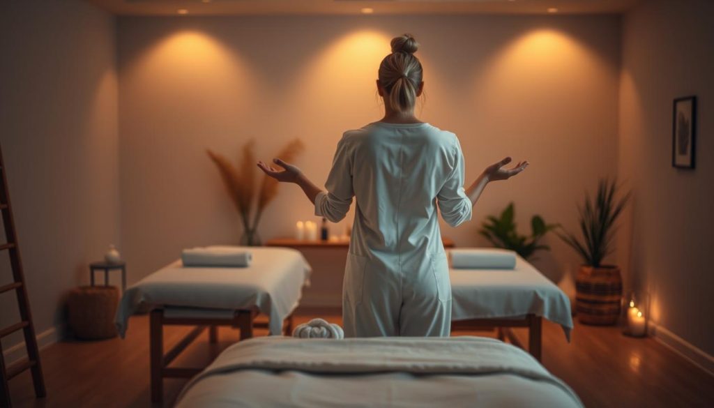 A tranquil, dimly lit studio space with soft, warm lighting casting a cozy glow. In the foreground, a professional massage therapist stands poised, their hands outstretched, ready to provide a personalized, soothing massage experience. The therapist's attire exudes an air of expertise and care, complementing the serene atmosphere. The middle ground features luxurious massage tables, plush linens, and essential oils, inviting the viewer to imagine the relaxation and rejuvenation awaiting. In the background, subtle, natural elements such as potted plants or a soft, neutral-toned wall create a sense of harmony and privacy, ensuring the utmost comfort and trust for the client.