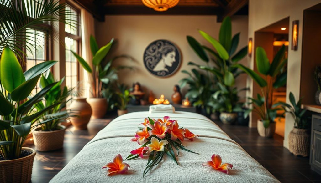 A tranquil, lush Balinese spa scene in Ataşehir, Istanbul. The foreground features a serene massage table adorned with fragrant flowers, surrounded by tropical plants and natural light filtering through large windows. The middle ground showcases soothing water features and decorative Balinese artwork. The background evokes a sense of peace and relaxation with warm, earthy tones, soft lighting, and subtle Balinese architectural details. The overall atmosphere exudes a calming, rejuvenating ambiance perfect for the restorative Bali massage experience.