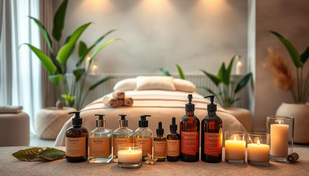 A tranquil, luxurious spa setting featuring a plush, inviting massage table surrounded by lush greenery and soft lighting. The table is adorned with high-quality linens and fluffy pillows, creating an atmosphere of relaxation and indulgence. The foreground showcases an array of premium massage oils and aromatherapy candles, while the background features a serene, minimalist decor with subtle textures and a soothing color palette. The overall scene conveys a sense of exclusivity, privacy, and a premium, personalized massage experience.