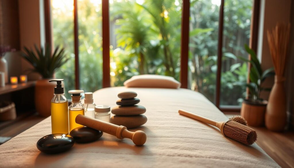 A tranquil massage studio, softly lit with warm tones. On a wooden massage table, an array of essential oils, lotions, and tools - river stones, wooden mallets, and bamboo brushes. In the background, a lush, verdant garden visible through large windows, creating a serene, nature-inspired ambiance. The camera angle captures the scene from a slightly elevated perspective, showcasing the carefully curated setup and the inviting atmosphere. Gentle shadows and highlights accentuate the textures and shapes, conveying a sense of relaxation and wellbeing.