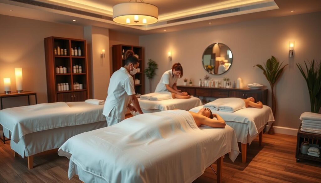 A tranquil massage studio with soft lighting, plush massage tables, and an array of massage oils and lotions. Skilled massage therapists in clean, professional attire gently kneading and manipulating muscles, promoting relaxation and healing. The room has a serene, calming atmosphere, with soothing ambient music playing in the background. The focus is on the quality of the massage experience, with attention to detail and a commitment to client comfort and well-being.