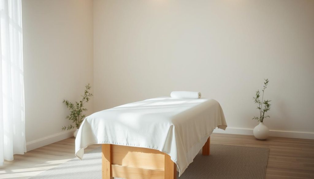 A tranquil, minimalist scene depicting the Swedish massage technique. A soothing, dimly lit room with soft, warm lighting casts gentle shadows. The massage table is positioned centrally, draped in crisp, pristine white linens. Calming botanicals, such as eucalyptus sprigs or bamboo stalks, flank the table, adding a natural, organic ambiance. The camera angle is slightly elevated, capturing the serene, therapeutic atmosphere. Emphasis is placed on the clean, uncluttered aesthetic and the overall sense of relaxation and well-being.