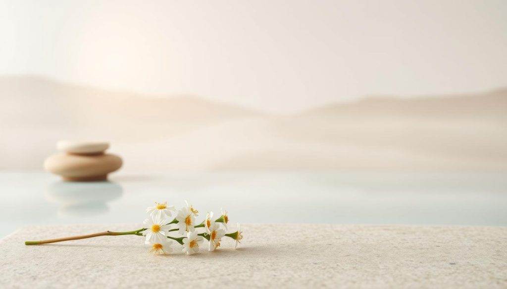 A tranquil, minimalist scene depicting the benefits of massage. In the foreground, a delicate floral arrangement rests on a smooth, natural stone surface, hinting at the soothing, restorative nature of the practice. The middle ground features a simple, uncluttered space with soft, diffused lighting, creating a sense of calm and relaxation. In the background, a serene, abstract landscape in muted tones evokes a feeling of harmony and inner peace. The overall composition conveys the powerful connection between massage, mental well-being, and physical health, reflecting the scientific link between stress, emotions, and their impact on the body.