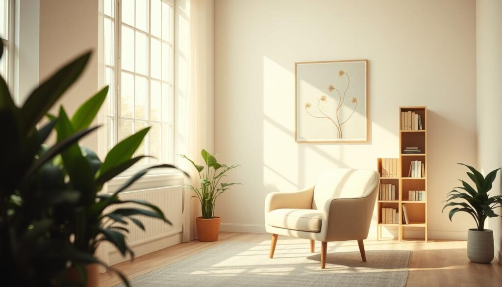A tranquil, minimalist scene featuring a serene, pastel-hued therapy room. Soft natural light filters through large windows, casting a warm glow on the space. A plush, inviting armchair sits in the foreground, framed by lush, verdant plants. In the background, a bookshelf and a calming piece of abstract art adorn the walls, conveying a sense of contemplation and psychological well-being. The overall mood is one of calm, introspection, and the therapeutic benefits of self-care.