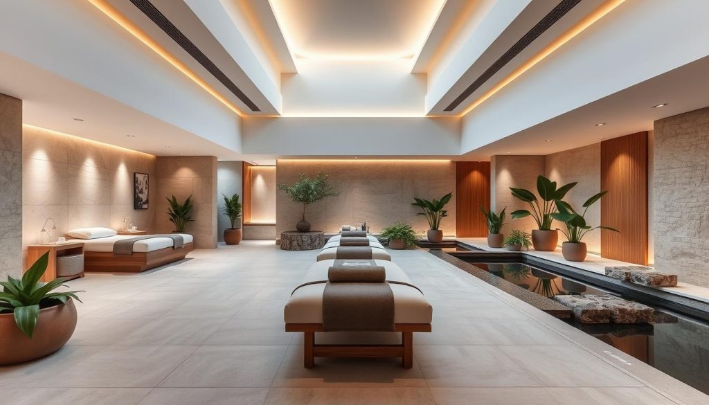 A tranquil, modern spa retreat nestled in the heart of Beylikdüzü, featuring an elegant, minimalist design with clean lines, warm lighting, and natural materials like stone and wood. A spacious, airy reception area leads to private treatment rooms, each with plush, ergonomic massage tables and soothing, diffused lighting. Lush potted plants and serene water features create a calming, rejuvenating ambiance throughout the facility. Soft, muted colors and textures evoke a sense of relaxation and well-being. The spa's high-end amenities and attentive staff provide a luxurious, tailored experience for its discerning clientele.