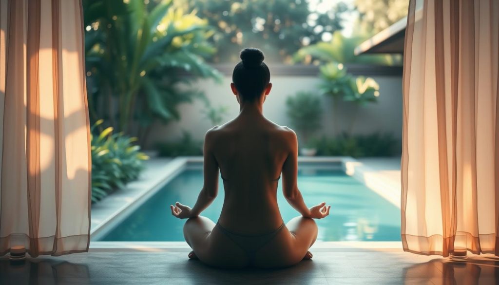 A tranquil oasis of serenity, a harmonious balance between the physical and the spiritual. A serene garden sanctuary, with lush greenery and a calming pool, bathed in warm, diffused sunlight that filters through delicate, billowing curtains. In the center, a figure in a meditative pose, their mind at peace, radiating a sense of inner calm and wholeness. Soft, muted tones create an atmosphere of introspection and rejuvenation, inviting the viewer to pause, breathe, and find their own equilibrium amidst the demands of the modern world.