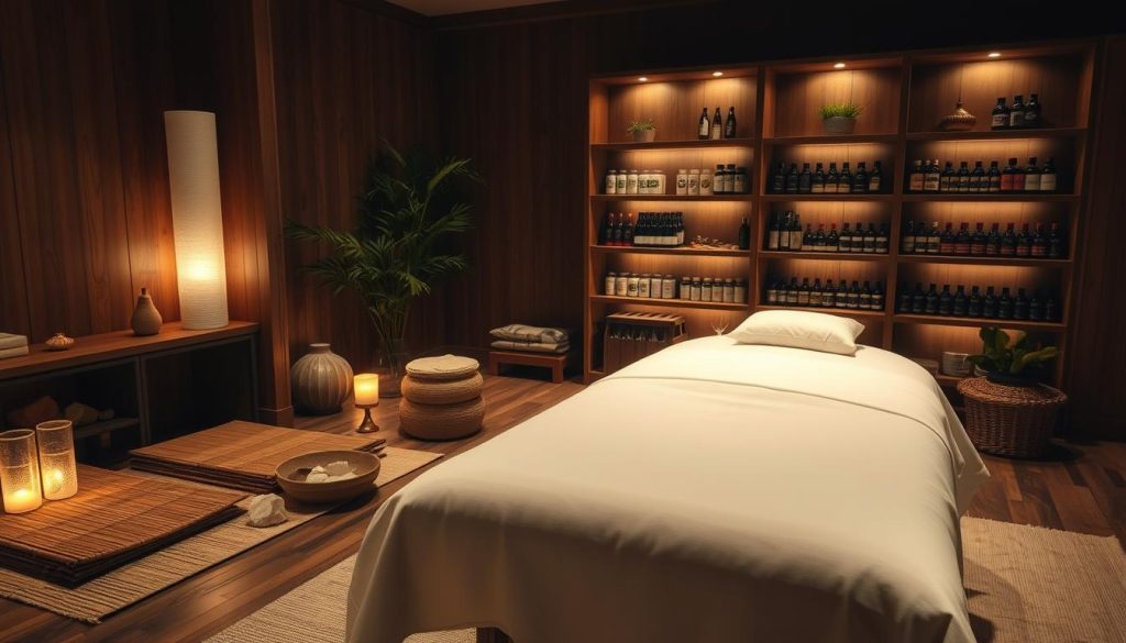 A tranquil sanctuary of alternative medicine and holistic healing. A dimly lit room with natural wooden accents, soft ambient lighting, and the soothing aroma of essential oils. In the foreground, a massage table draped in crisp white linens, ready to receive a client seeking the restorative power of touch. Surrounding it, an array of alternative therapy tools - bamboo mats, healing crystals, and acupuncture needles - arranged with care. In the background, shelves displaying a curated selection of herbal remedies and wellness supplements, reflecting the intersection of ancient wisdom and modern holistic practices. The overall scene evokes a sense of tranquility, balance, and the promise of a transformative therapeutic experience.