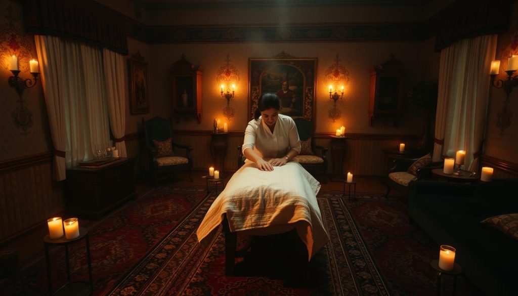 A tranquil scene in the heart of İstanbul, where the ancient art of massage takes center stage. The dimly lit room exudes a soothing ambiance, with the warm glow of candles casting a soft light across the intricately patterned rugs and ornate furnishings. The air is infused with the gentle scent of aromatic oils, creating a sensory experience that transports the viewer to a realm of relaxation and rejuvenation. In the center, a traditional masseuse skillfully manipulates the muscles, her hands moving with a rhythmic grace that reflects the centuries-old mastery of this healing craft. The overall composition conveys the timeless elegance and cultural significance of İstanbul's rich massage heritage.