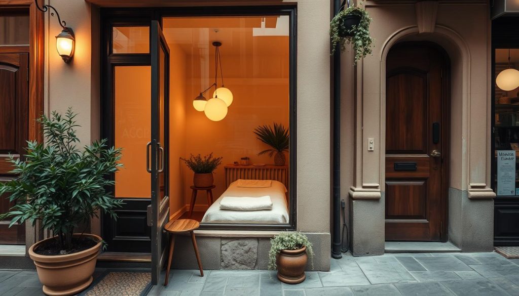 A tranquil scene in the vibrant Beyoğlu district of Istanbul, where a cozy boutique massage studio sits nestled among the lively streets. The entrance is adorned with warm, earthy tones, inviting passersby to step inside and discover a haven of relaxation. Through the window, one can glimpse the serene, minimalist interior, where soft lighting and natural textures create a soothing ambiance. A sense of urban escape permeates the space, transporting the visitor to a place of respite amidst the bustling city. The image captures the essence of this hidden gem, a testament to the city's thriving community of boutique massage practitioners who offer a unique and personalized wellness experience.