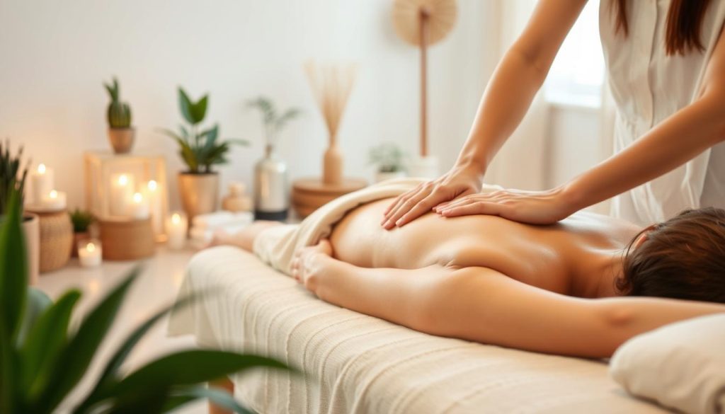 A tranquil scene of a Swedish massage session in a cozy studio with soft lighting. In the foreground, a masseuse's hands gently knead the muscles of a relaxed client resting on a plush massage table. The middle ground features soothing ambient elements such as potted plants, candles, and natural wood accents. The background portrays a calming, minimalist space with neutral-toned walls and a hint of a window, conveying a sense of peace and serenity. The overall atmosphere evokes a rejuvenating and restorative experience, perfect for those new to the Swedish massage technique.