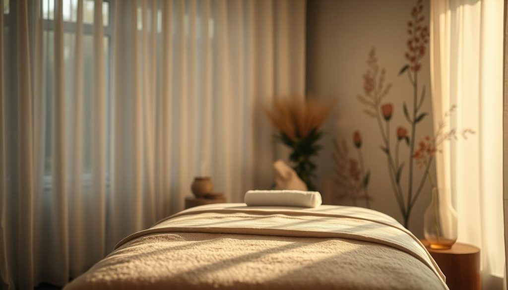 A tranquil scene of a massage therapy session, set in a serene, dimly lit room. Soft, natural lighting filters through sheer curtains, casting a warm, soothing glow. In the foreground, a massage table with plush, neutral-toned linens invites the viewer to relax. Calming essential oils diffuse in the air, creating a sense of therapeutic calm. In the background, abstract botanical motifs adorn the walls, further enhancing the restorative atmosphere. The overall mood is one of introspection, healing, and the harmonious integration of physical and mental well-being.