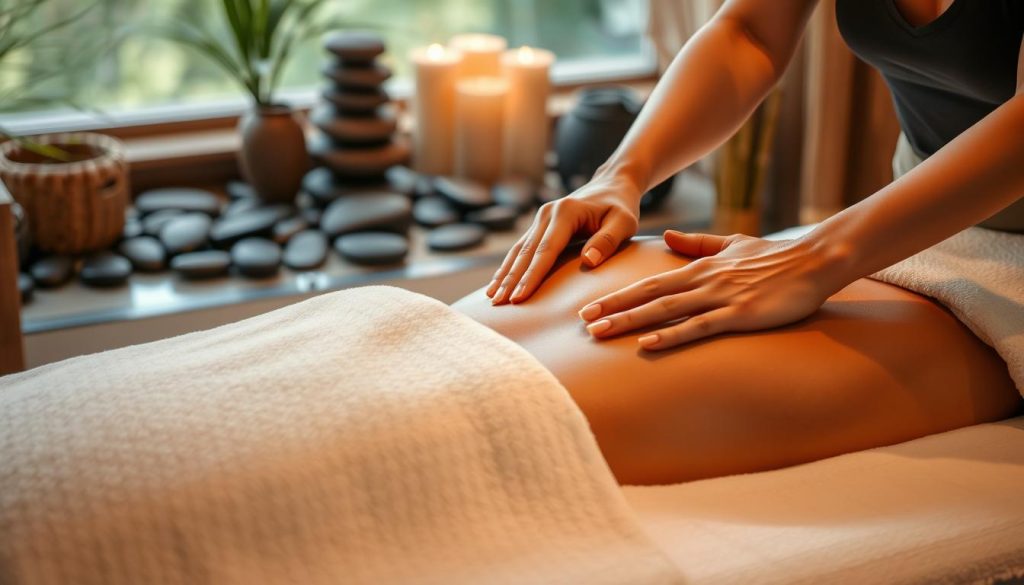 A tranquil scene of a serene massage parlor, with soft lighting illuminating the plush, inviting treatment table. The room is decorated with natural elements like river stones and bamboo, creating a calming, spa-like atmosphere. A masseuse's skilled hands gently knead the muscles of a relaxed client, using long, flowing strokes characteristic of the Swedish massage technique. The image conveys a sense of deep relaxation and rejuvenation, transporting the viewer to a peaceful oasis away from the stresses of daily life.