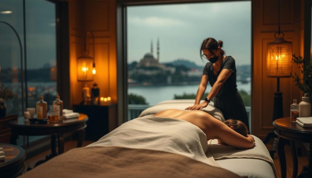 A tranquil scene of the ancient art of massage, set in the vibrant city of Istanbul. A dimly lit room, with soft lighting casting a warm glow. Elegant, wooden massage tables adorned with plush linens, and an array of fragrant oils and lotions. In the foreground, the skilled hands of a masseuse gently kneading and manipulating the muscles of a relaxed client, their face obscured. In the background, a serene landscape with distant minarets and domes, hinting at the rich cultural heritage of the city. The atmosphere is one of calm and rejuvenation, capturing the essence of this revered practice.